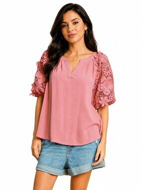 New Umgee M 8 10 Solid Rose 3D Floral Puff Sleeve Relaxed Fit Linen Blend Top